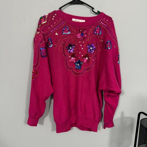 Vintage Diana Marco Deep Pink Beaded Sequin Pullover Sweater Womens Plus Size 22 - Picture 1 of 7